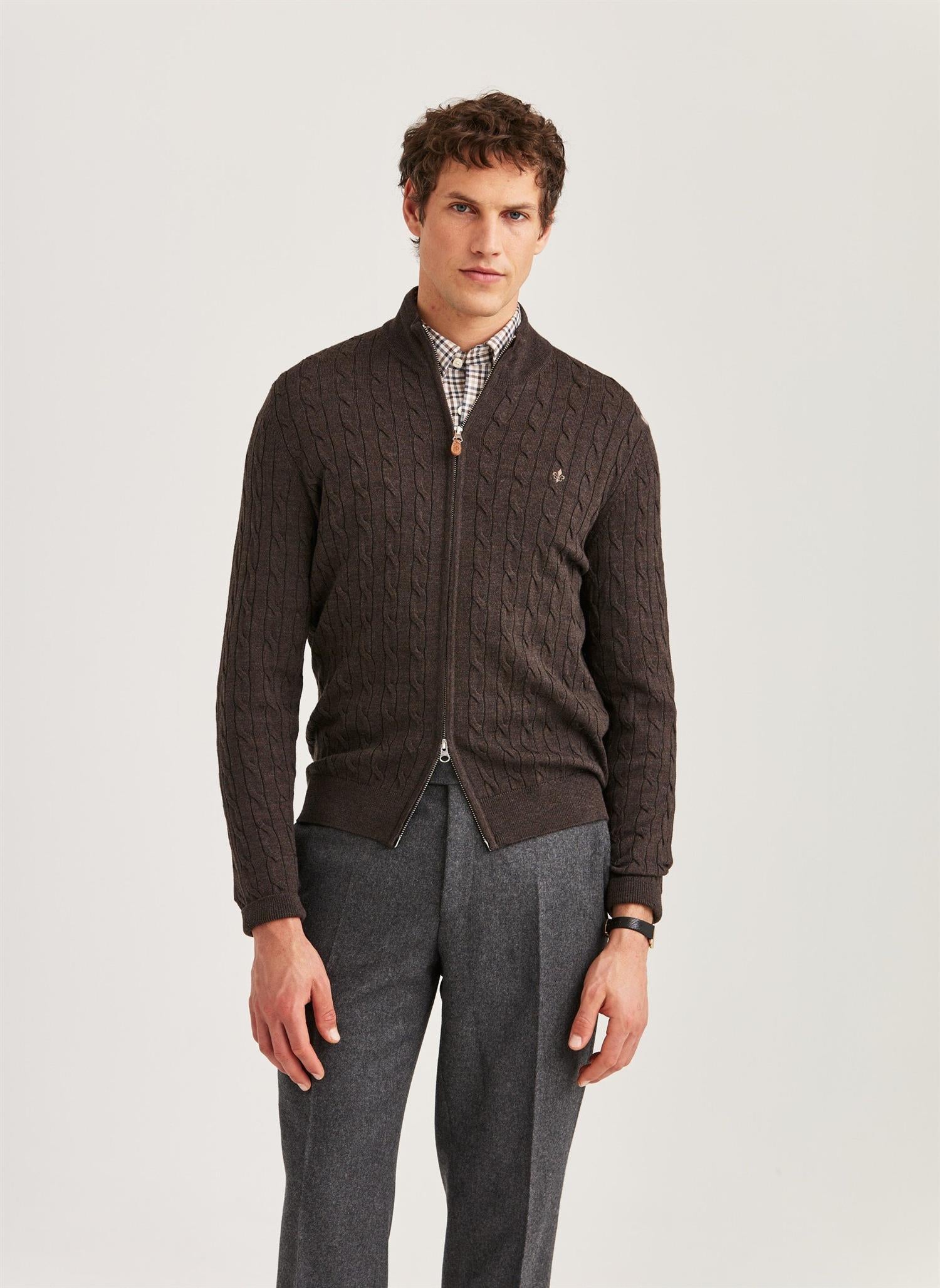 Cardigan - Merino Cable Zip Cardigan Brown