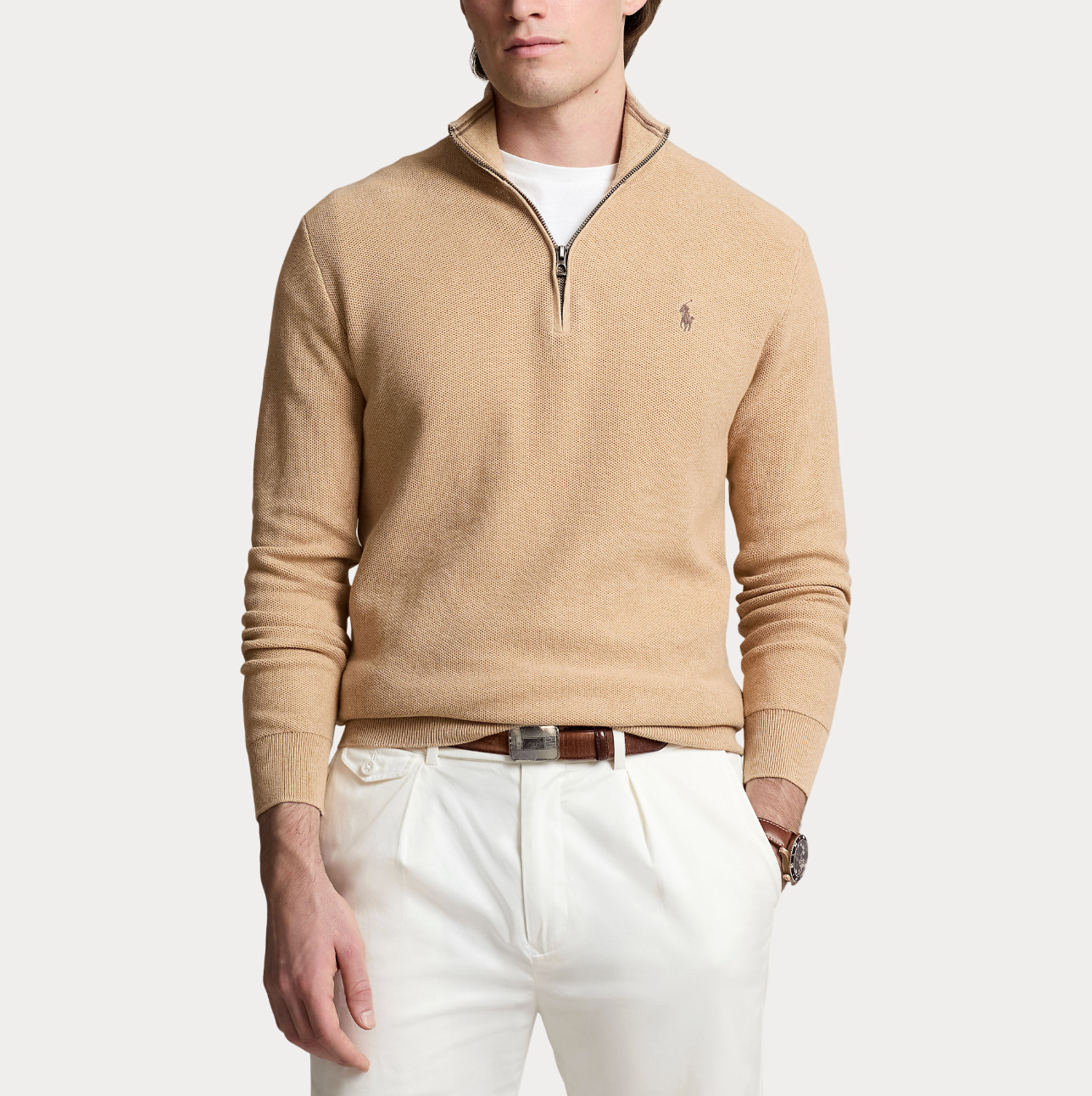 Genser - Mesh-Knit Cotton Quarter Zip Sweater Camel Melange