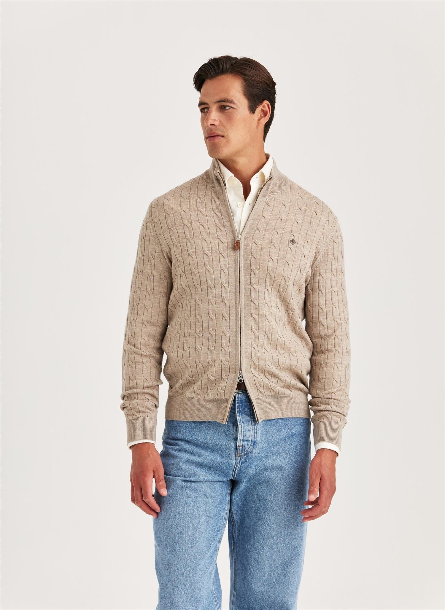 Cardigan - Merino Cable Zip Cardigan Khaki