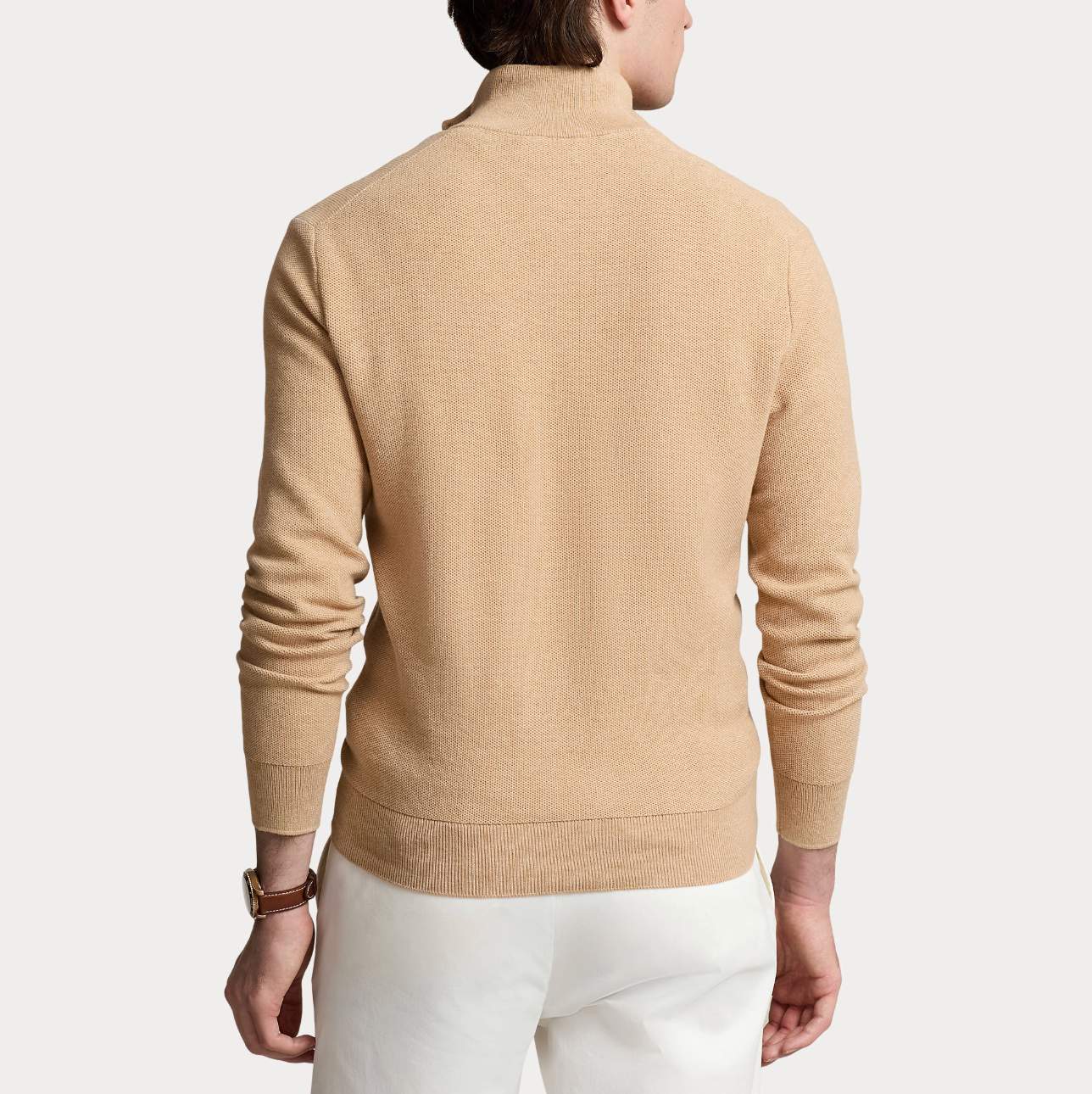 Genser - Mesh-Knit Cotton Quarter Zip Sweater Camel Melange