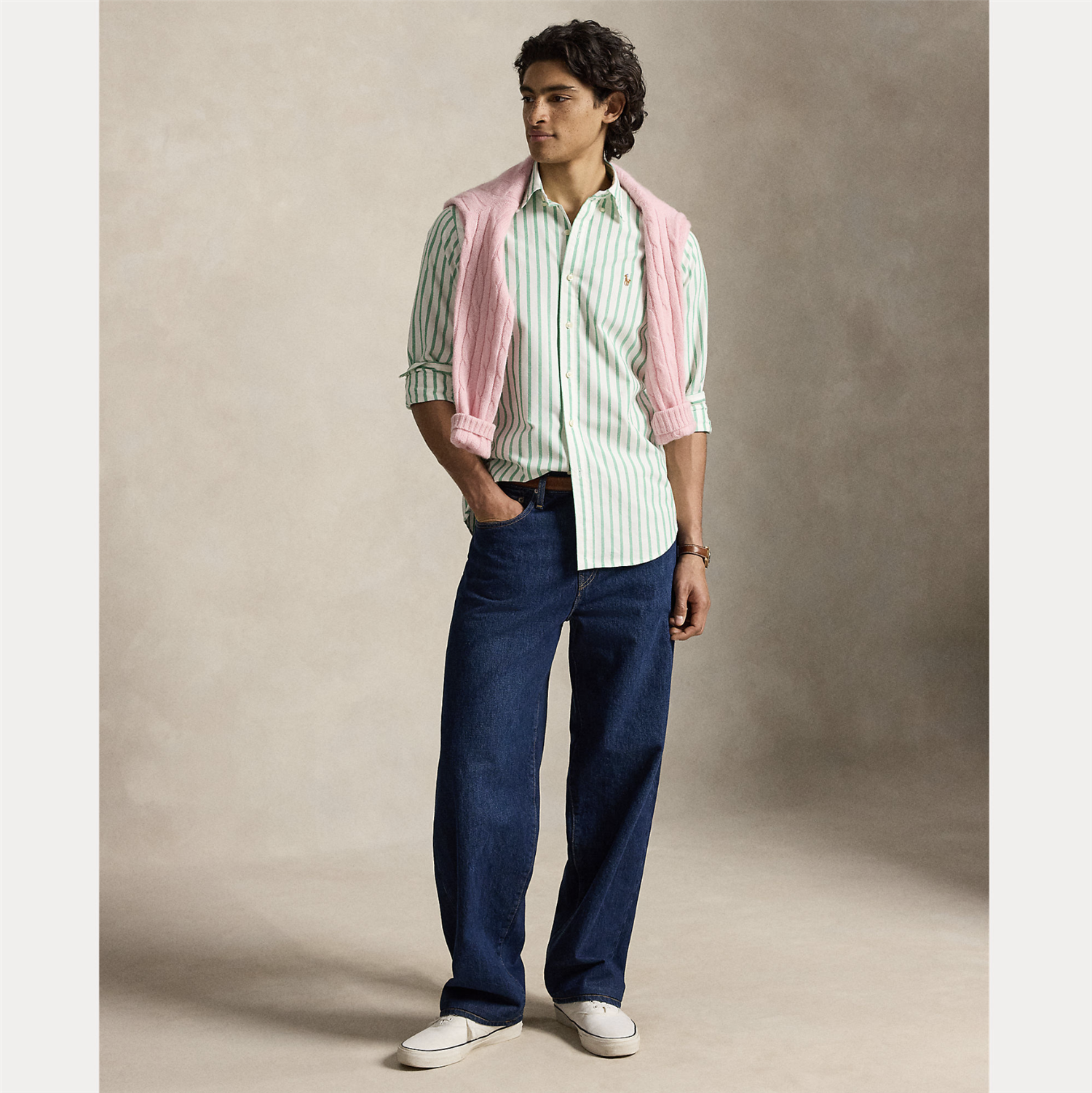 Skjorte - Custom Fit Striped Oxford Shirt Summer Emerald White