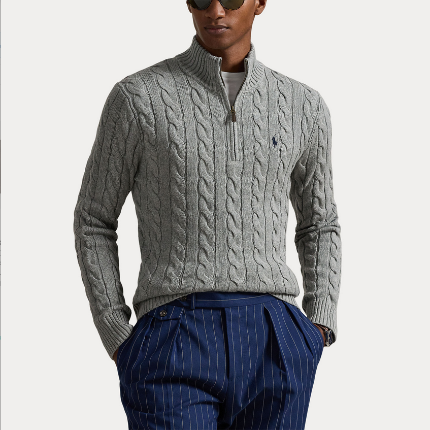 Genser - Cable Knit Cotton Quarter Zip Sweater Fawn Grey Heather