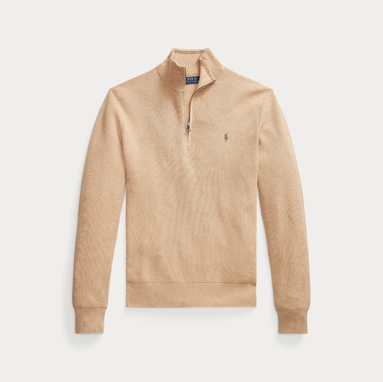 Genser - Mesh-Knit Cotton Quarter Zip Sweater Camel Melange