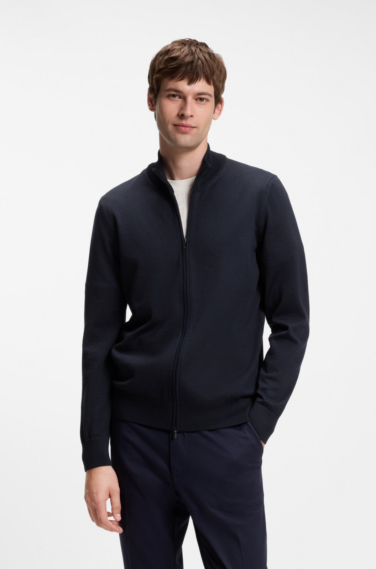 Genser - Zip Up Sweater In Merino Wool Dark Blue