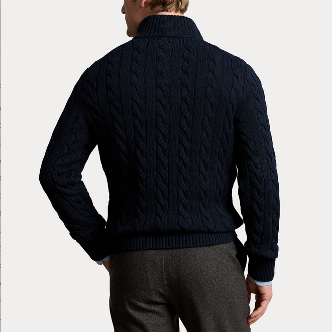 Genser - Cable Knit Cotton Quarter Zip Sweater Hunter Navy