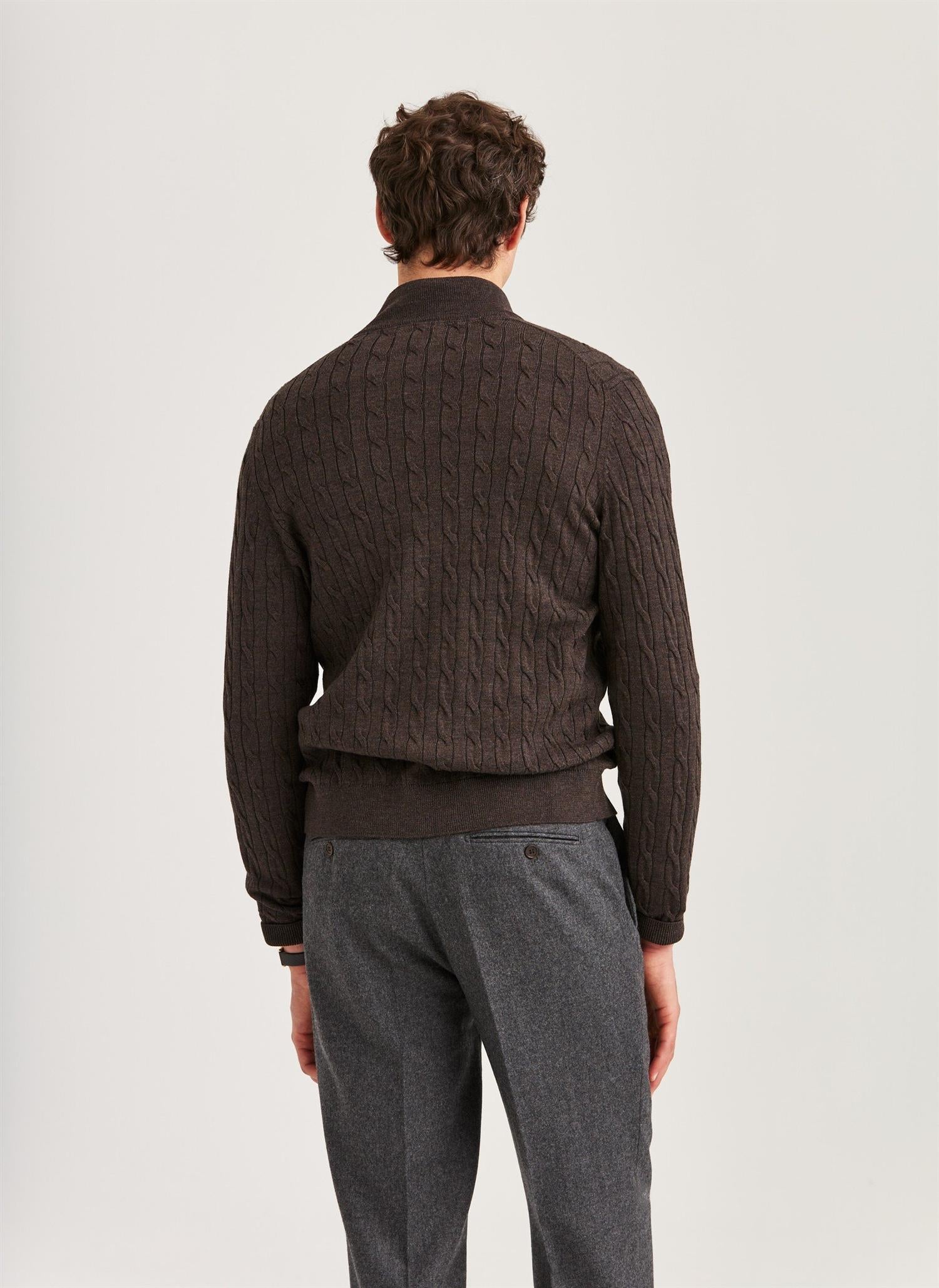 Cardigan - Merino Cable Zip Cardigan Brown