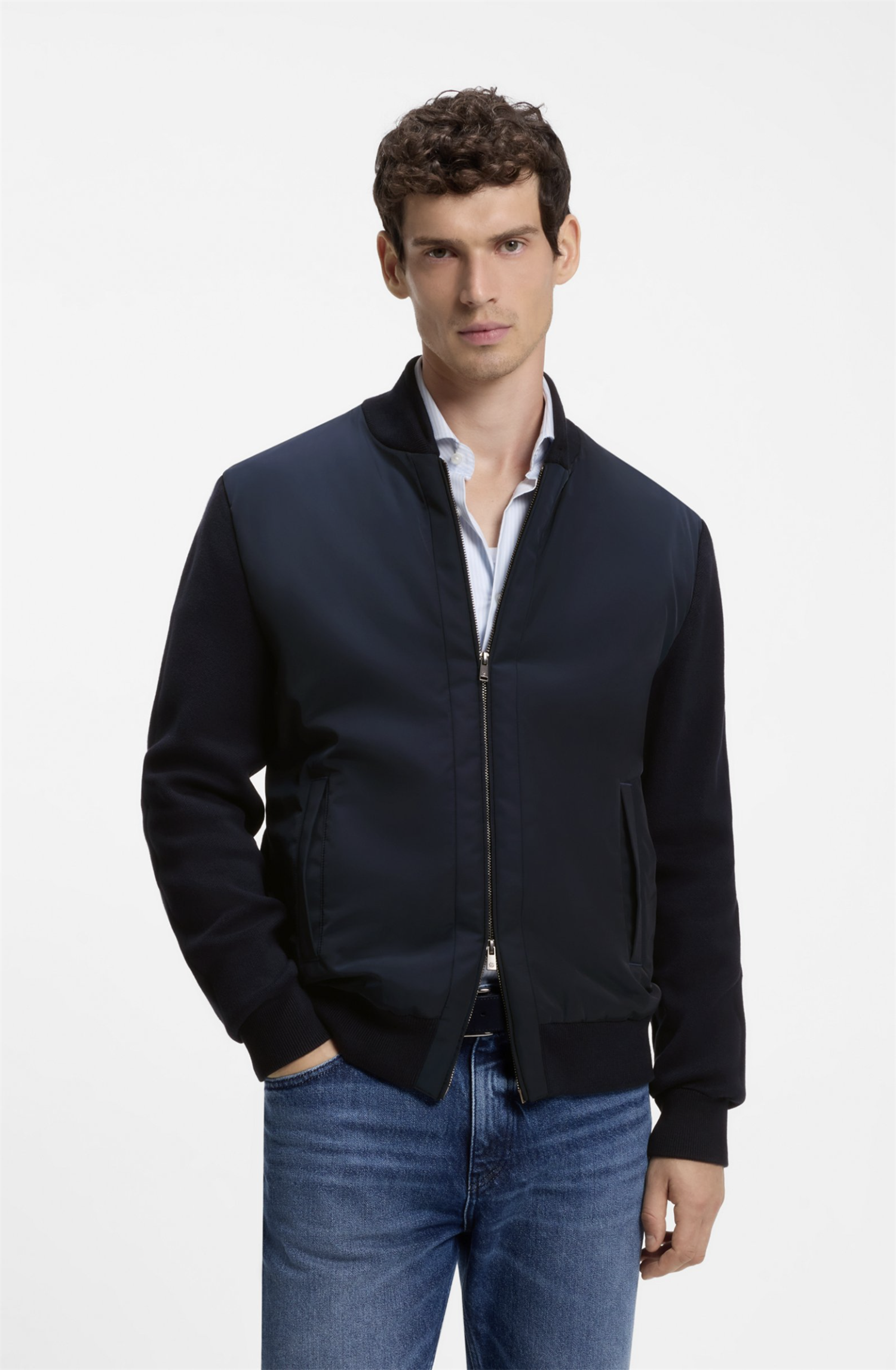 Cardigan - Levaio Cotton-knit hybrid Jacket with Bomber Collar Dark Blue