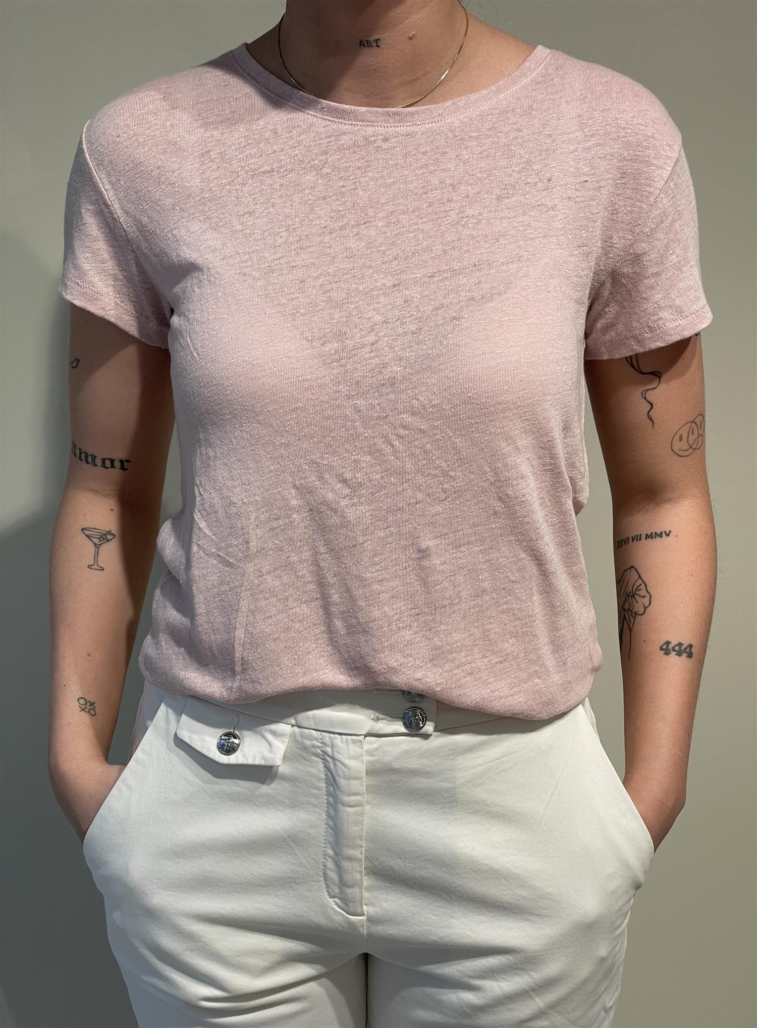 T-skjorte - Scoop Neck Linen T shirt Open Pink