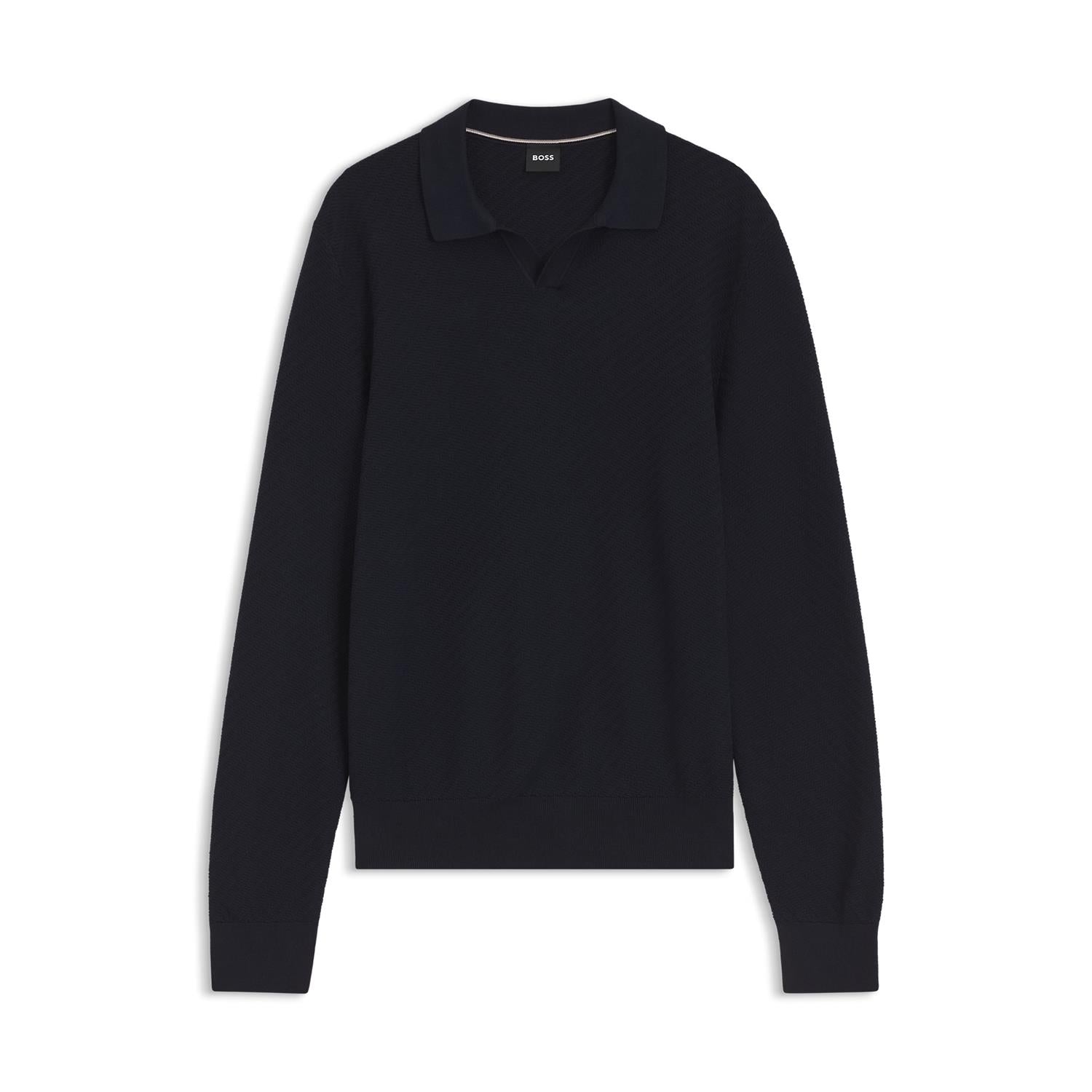 Genser - Knitted Cotton Sweater With Johnny Collar Dark Blue