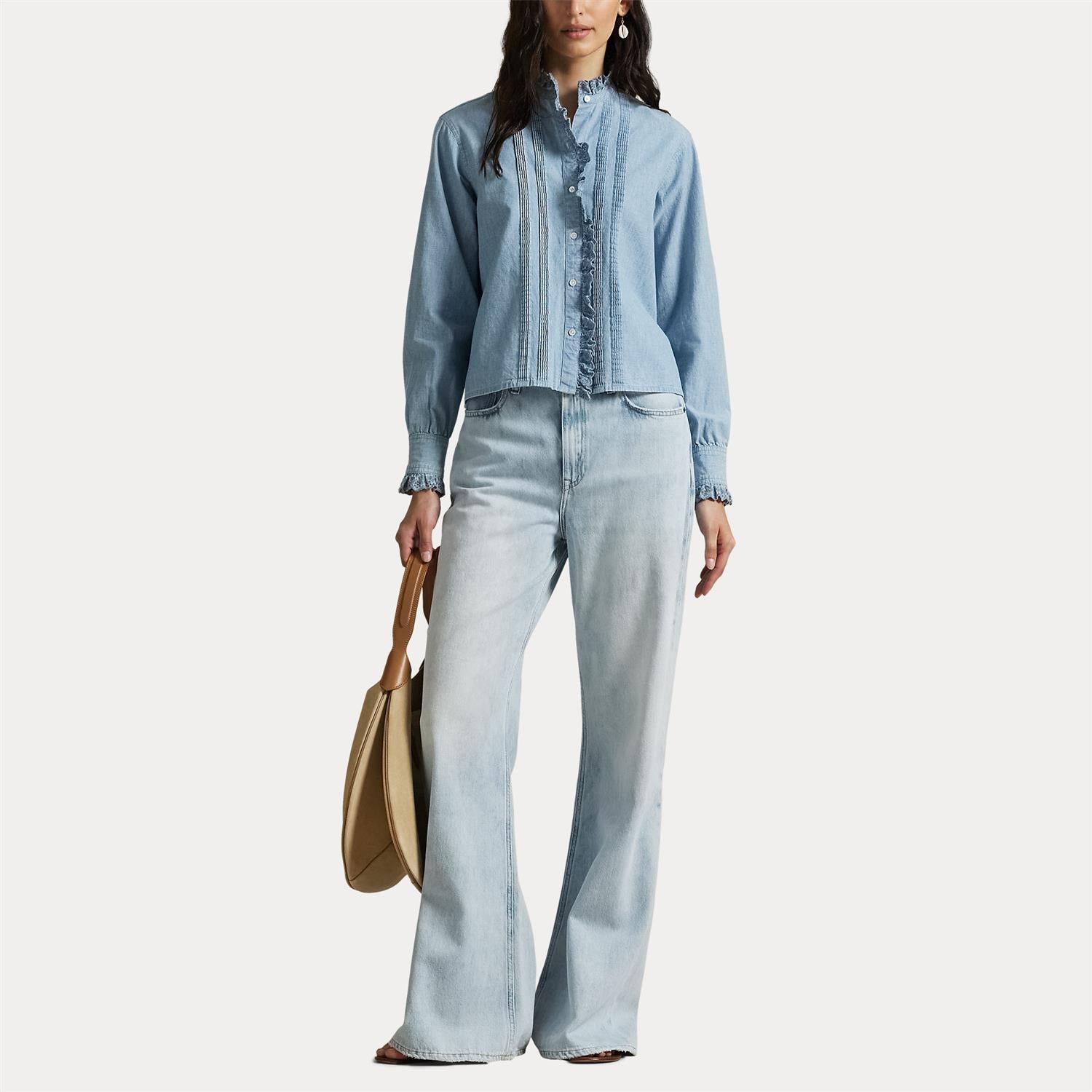 Bluse - Ruffle-Trim Chambray Top Chambray