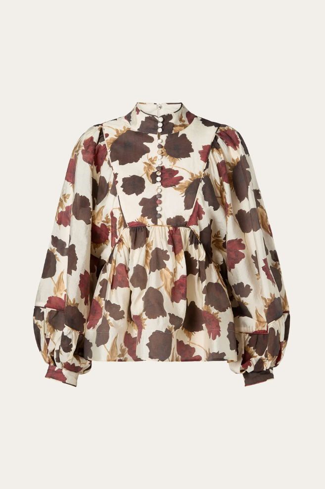 Bluse - Pernilla High Neck Ballon Sleeve Blouse Wine Peony