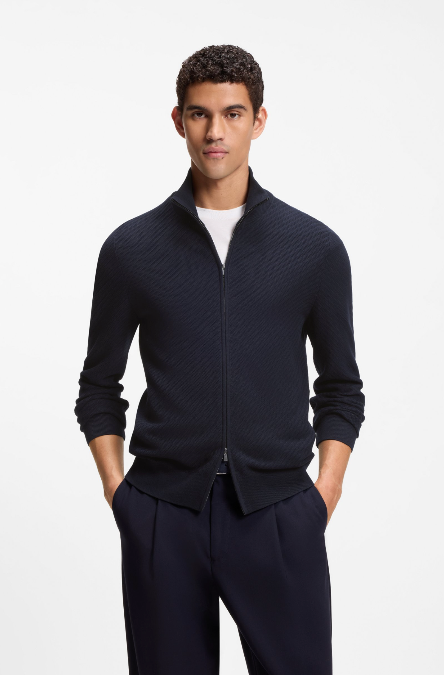 Cardigan - Cotton Cardigan With Diagonal Structure Dark Blue