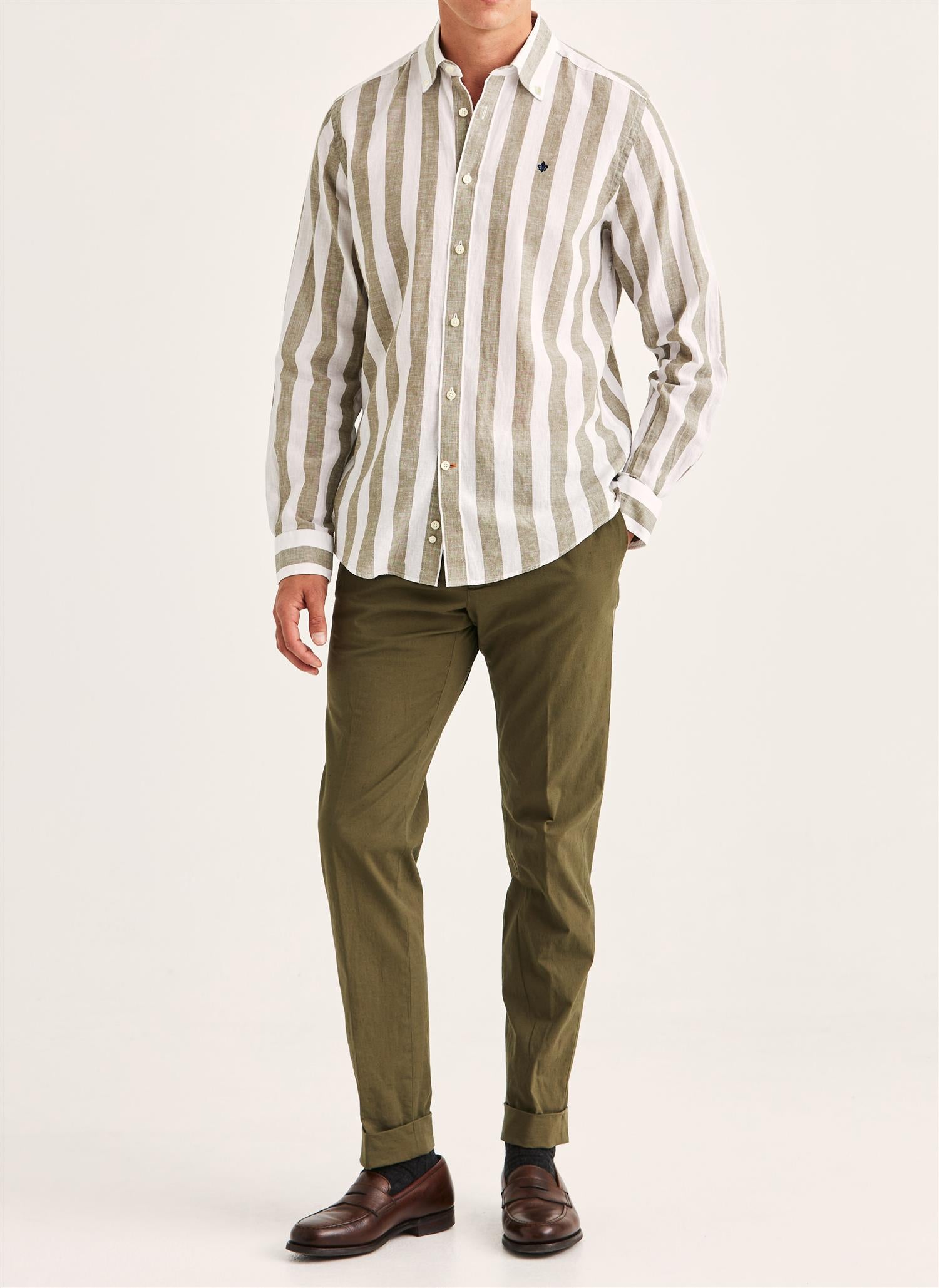 Linskjorte - Douglas Linen Mix Stripe Shirt-Classic Fit Olive