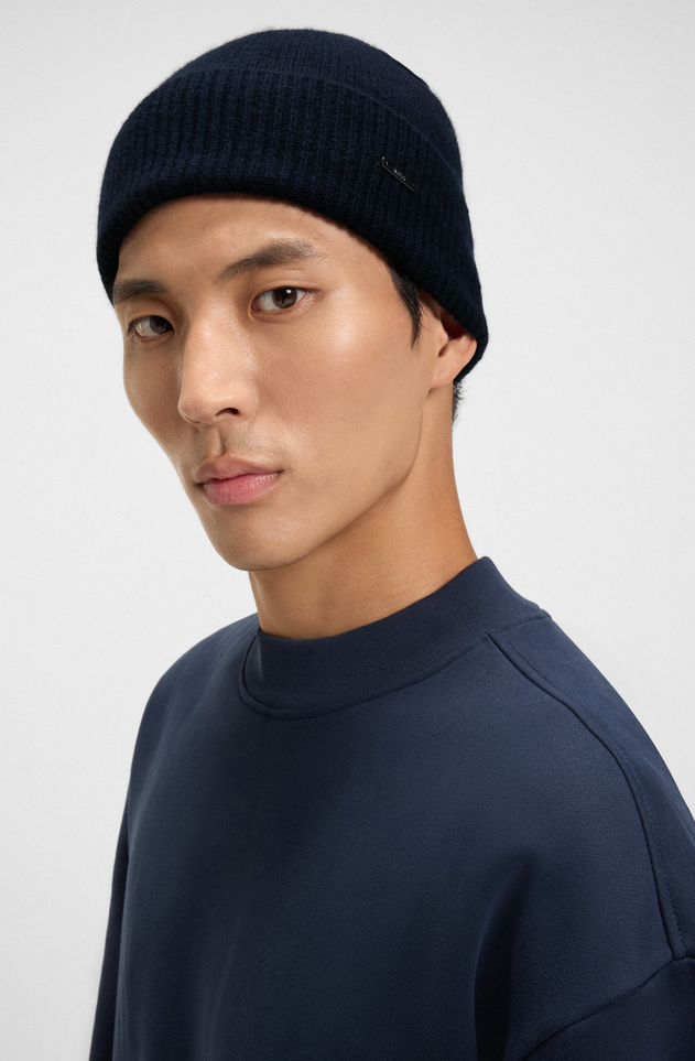 Lue - Cashmere Beanie Hat Logo Plaque Dark Blue