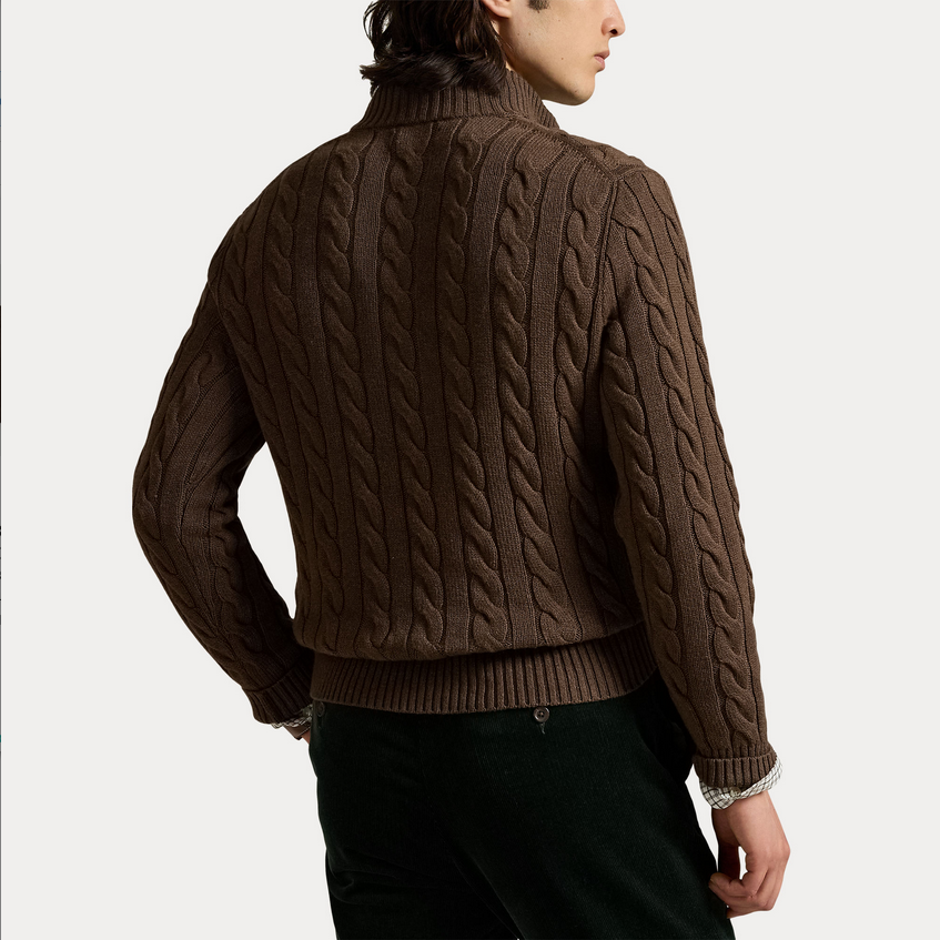 Genser - Cable Knit Cotton Quarter Zip Sweater Brown Heather