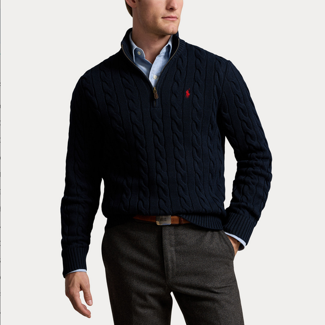 Genser - Cable Knit Cotton Quarter Zip Sweater Hunter Navy