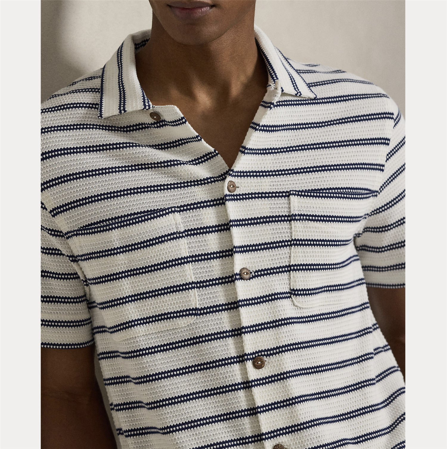 Pique - Striped Pointelle-ribbed Camp Shirt Pale Cream / Newport Navy