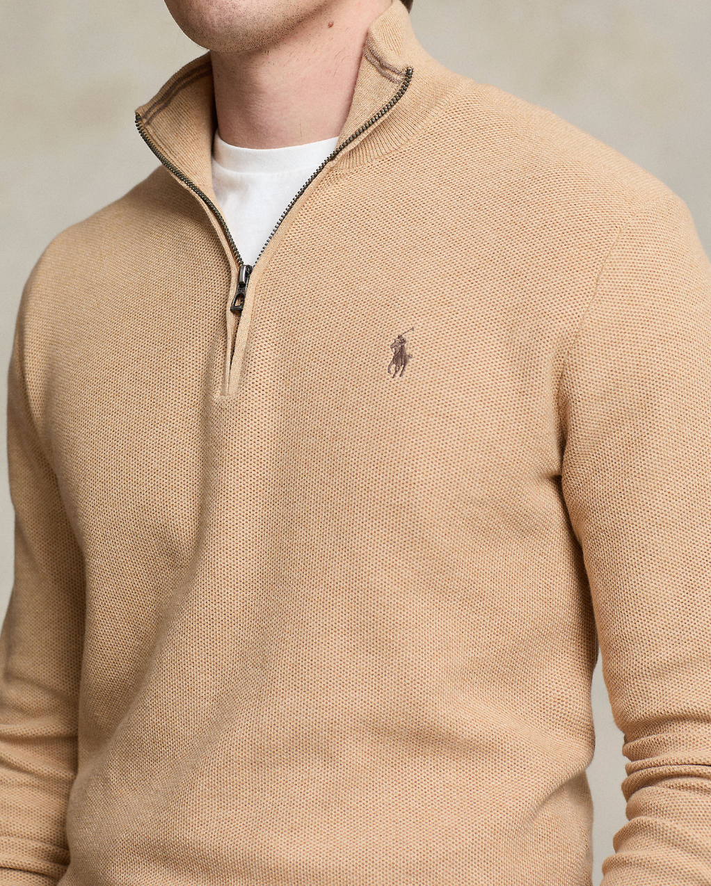 Genser - Mesh-Knit Cotton Quarter Zip Sweater Camel Melange