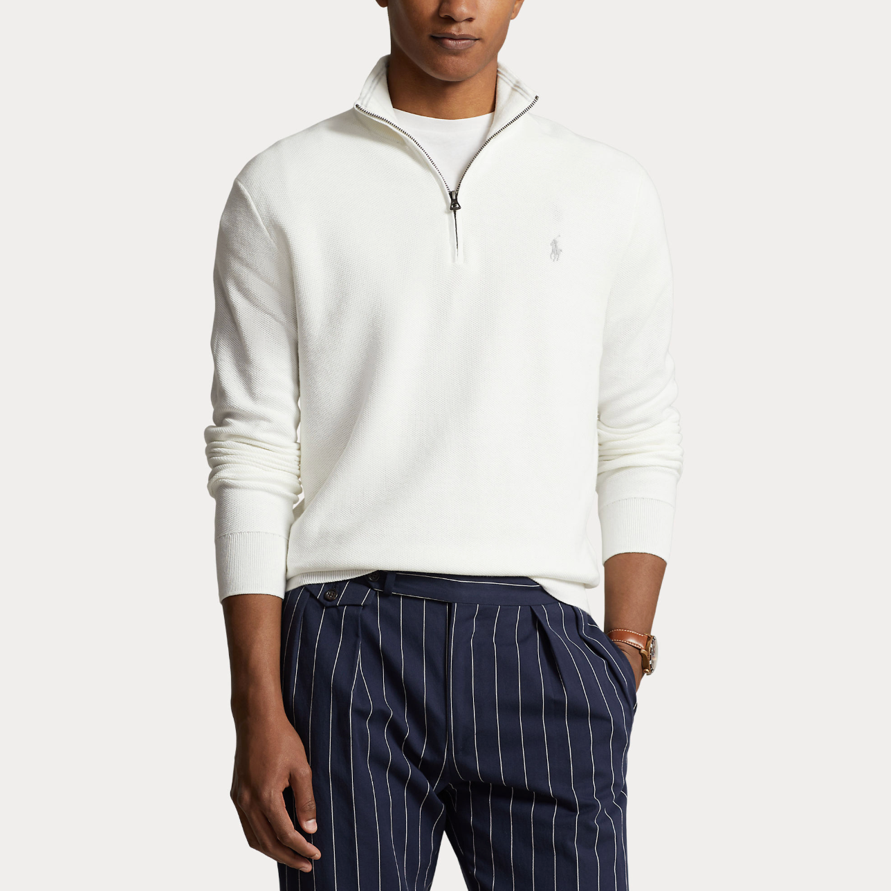 Genser - Mesh-Knit Cotton Quarter Zip Sweater Deckwash white