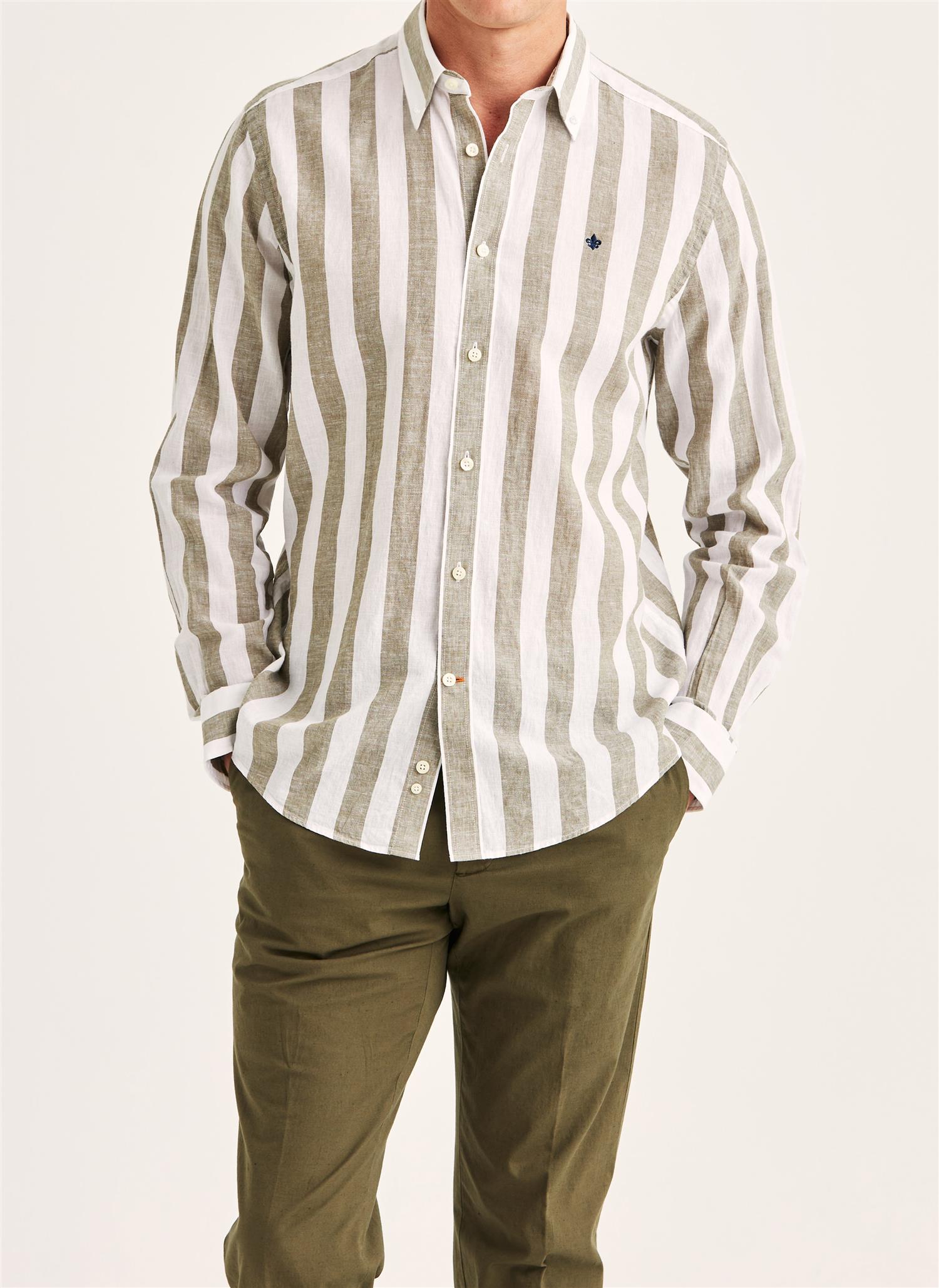 Linskjorte - Douglas Linen Mix Stripe Shirt-Classic Fit Olive
