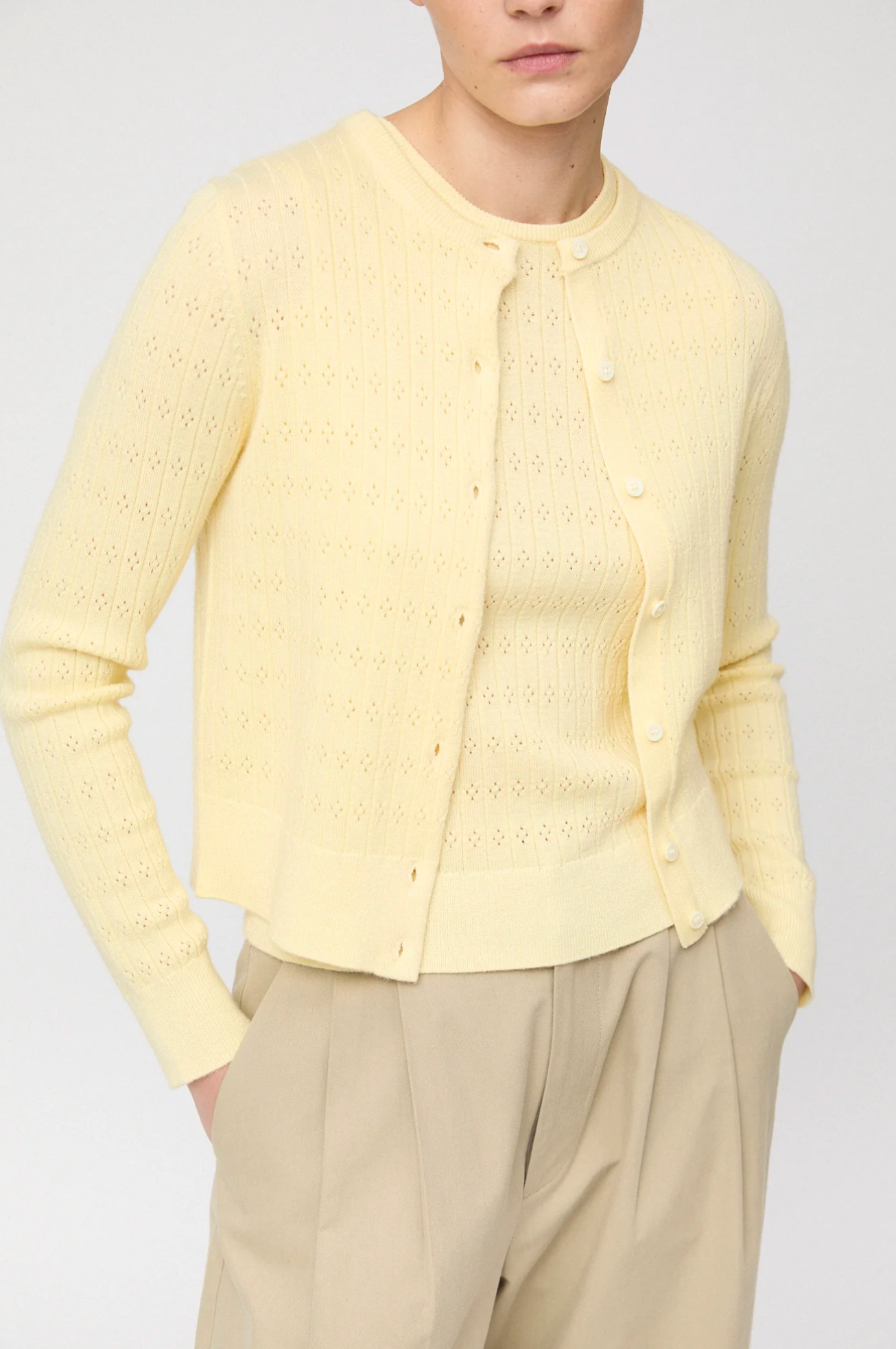 Cardigan - Pointelle Classic Cardigan Pastel Yellow