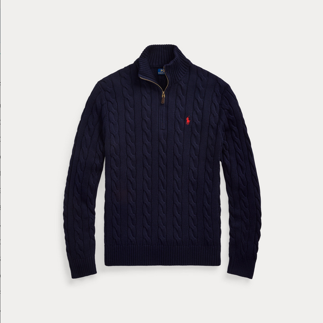 Genser - Cable Knit Cotton Quarter Zip Sweater Hunter Navy