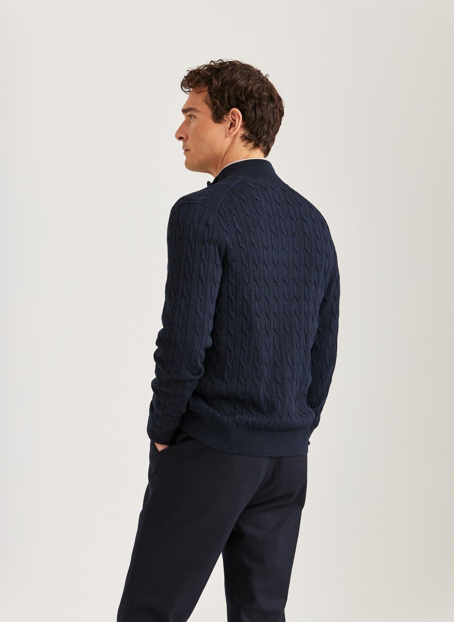 Cardigan - Merino Cable Zip Cardigan Navy