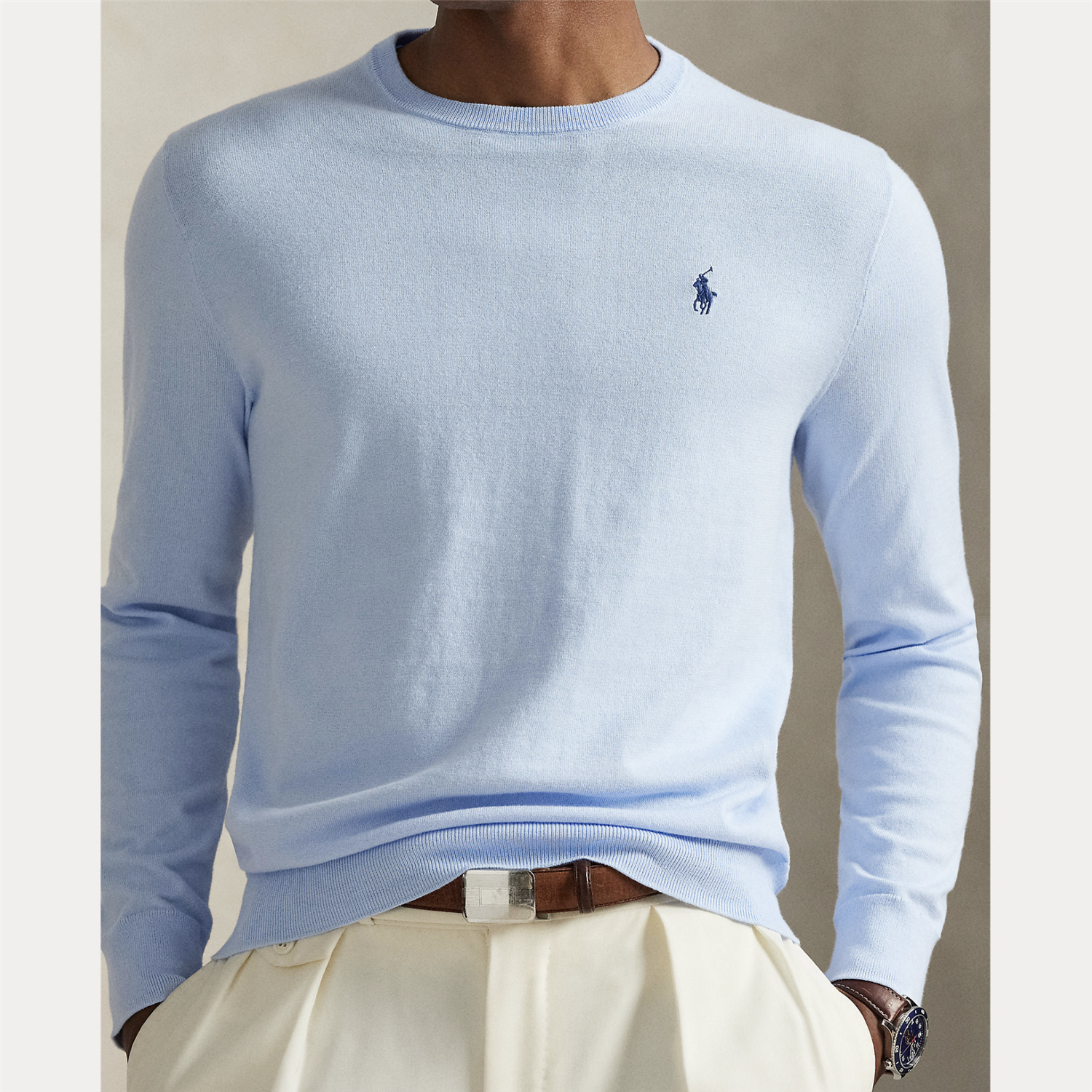 Genser - Slim Fit Textured Cotton Sweater Office Blue