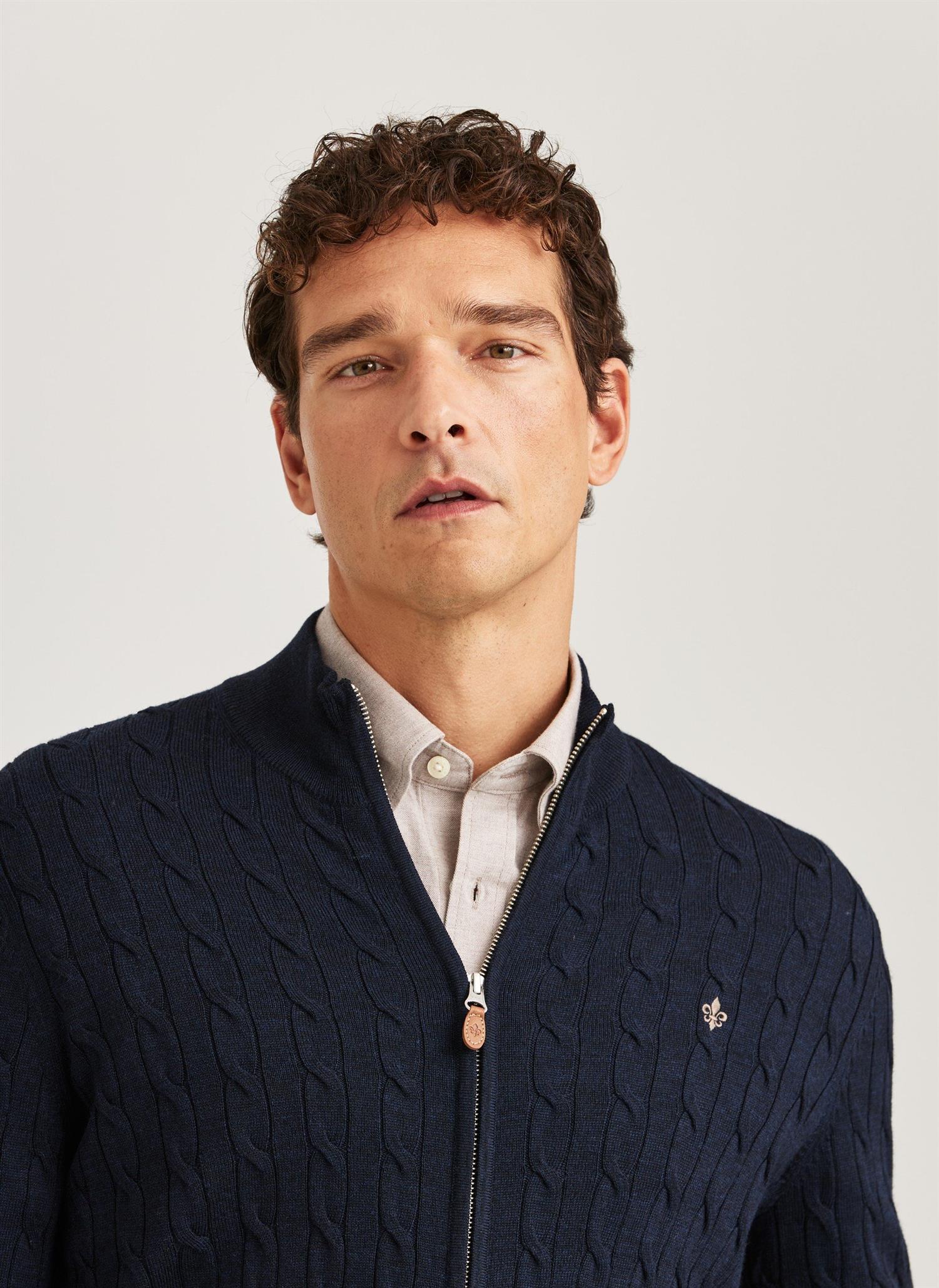 Cardigan - Merino Cable Zip Cardigan Navy