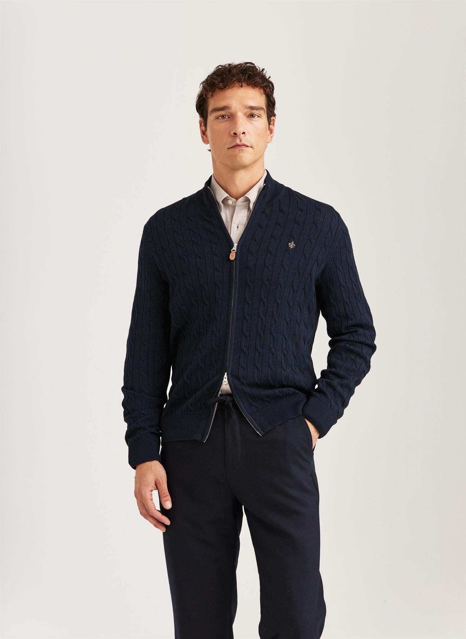 Cardigan - Merino Cable Zip Cardigan Navy