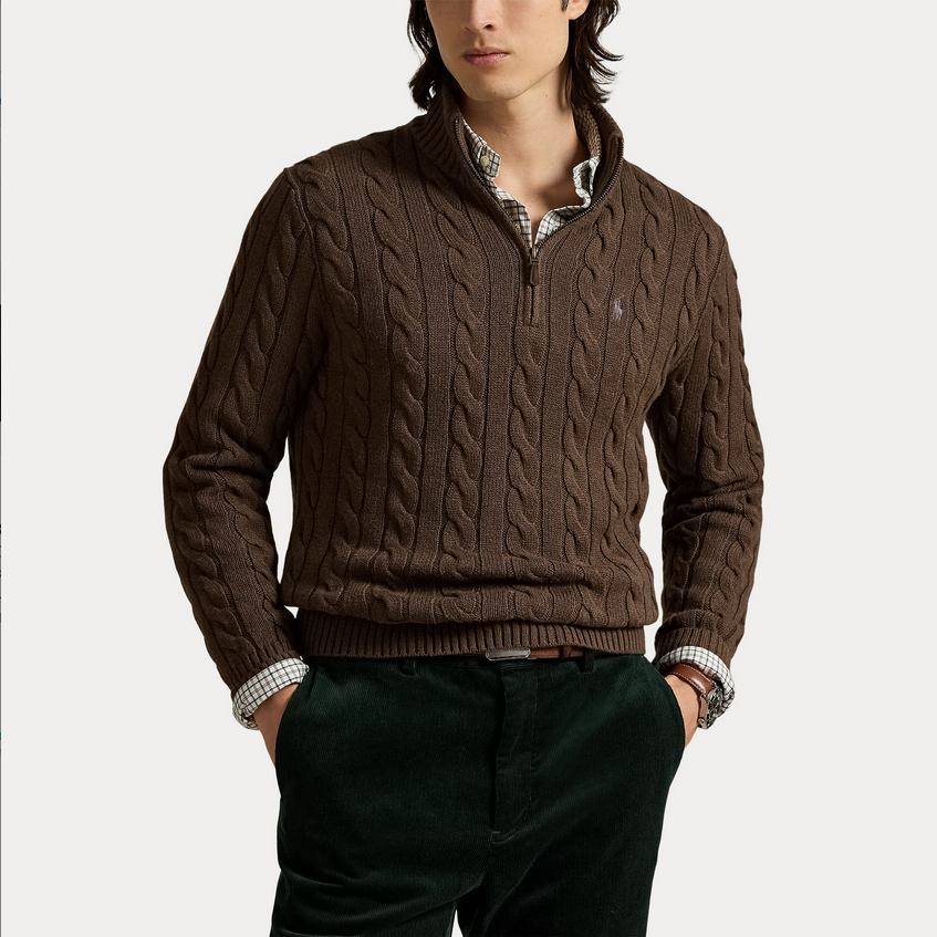 Genser - Cable Knit Cotton Quarter Zip Sweater Brown Heather