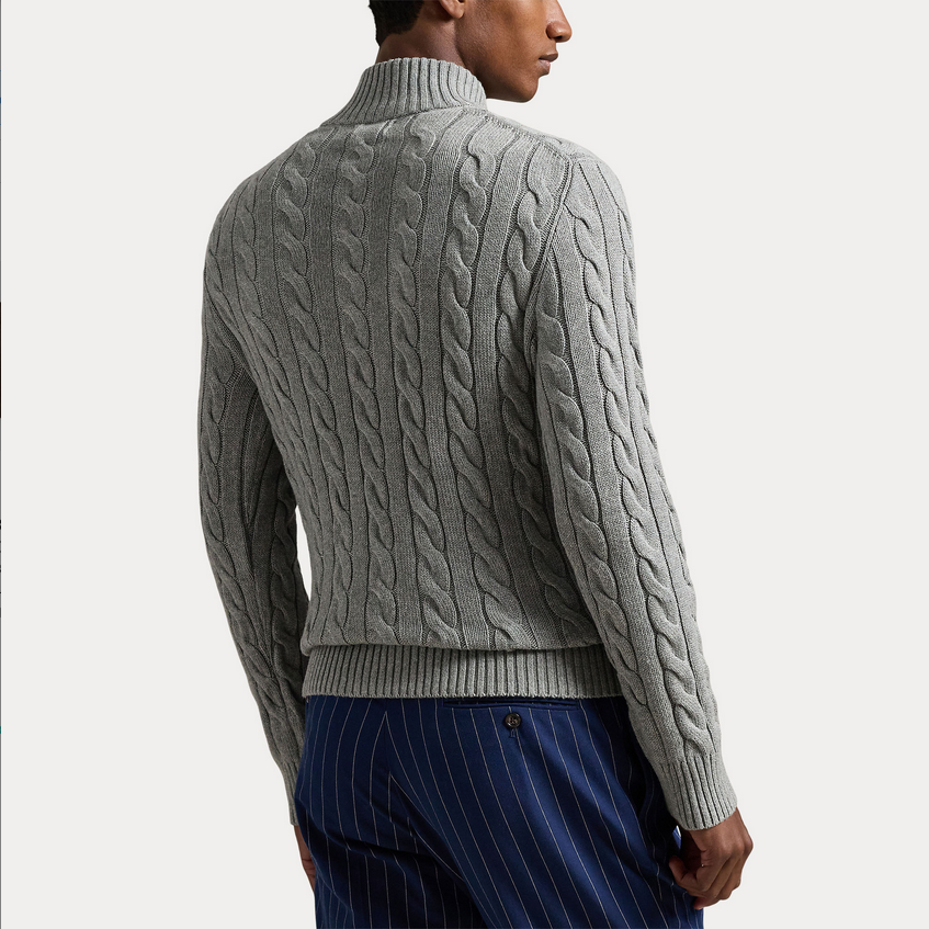 Genser - Cable Knit Cotton Quarter Zip Sweater Fawn Grey Heather