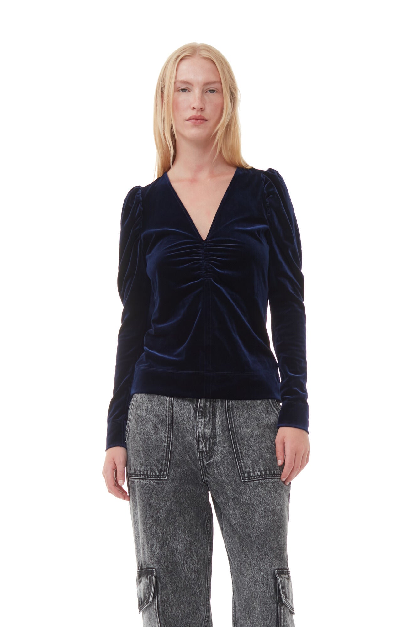 Topp - Velvet Jersey V-neck Blouse Total Eclpise
