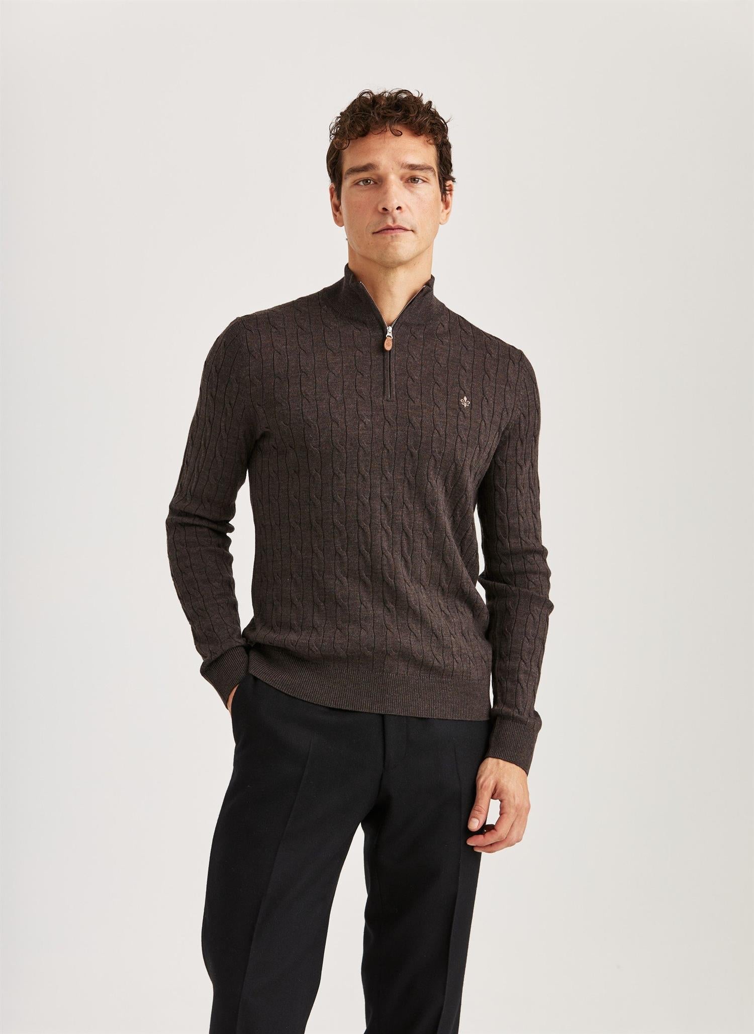 Genser - Merino Cable John Zip Brown
