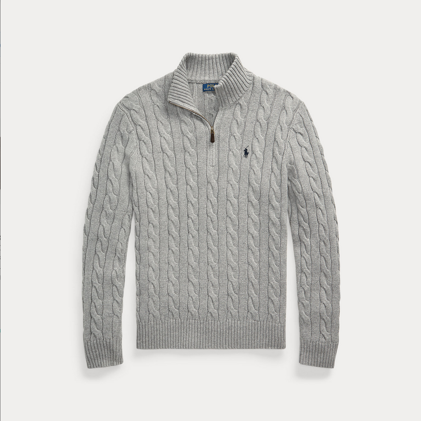 Genser - Cable Knit Cotton Quarter Zip Sweater Fawn Grey Heather