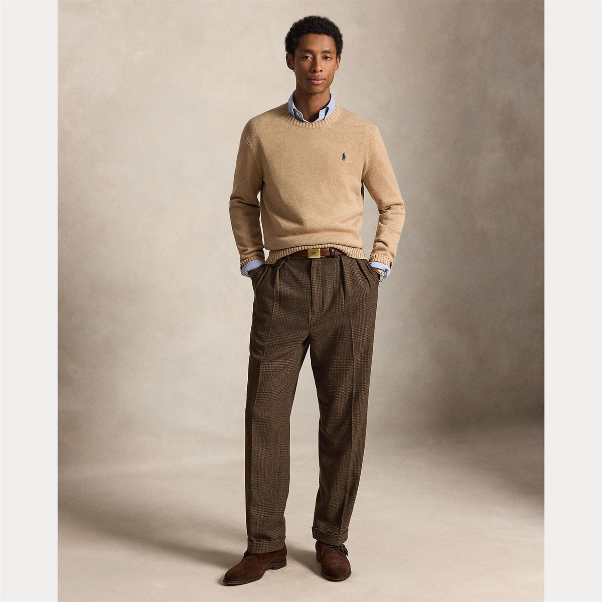 Genser - Cotton Crewneck Sweater Camel Melange