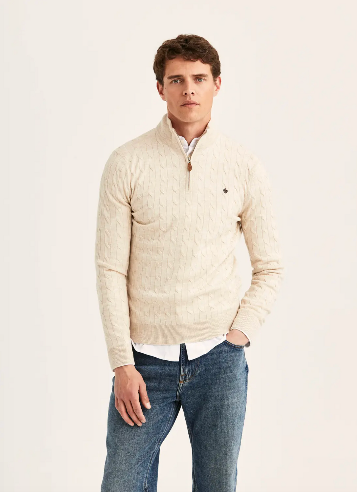 Genser - Merino Cable John Zip Off White