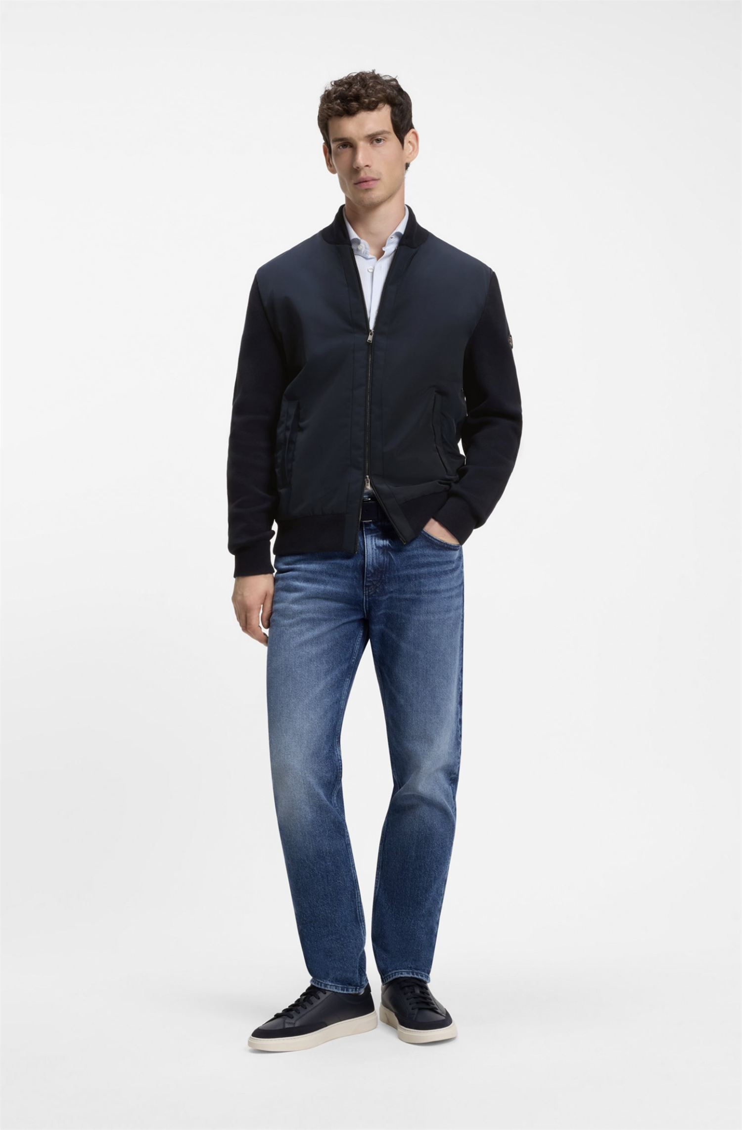 Cardigan - Levaio Cotton-knit hybrid Jacket with Bomber Collar Dark Blue