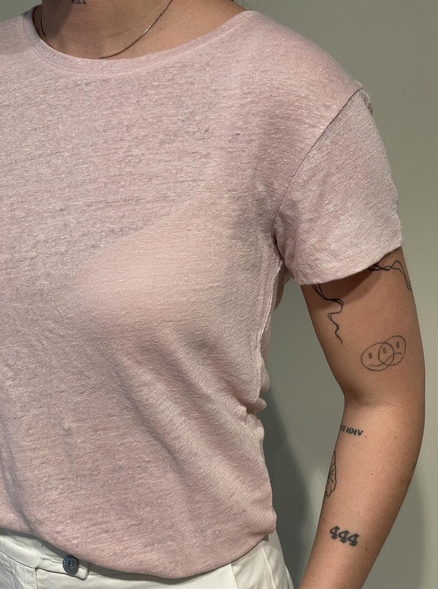 T-skjorte - Scoop Neck Linen T shirt Open Pink