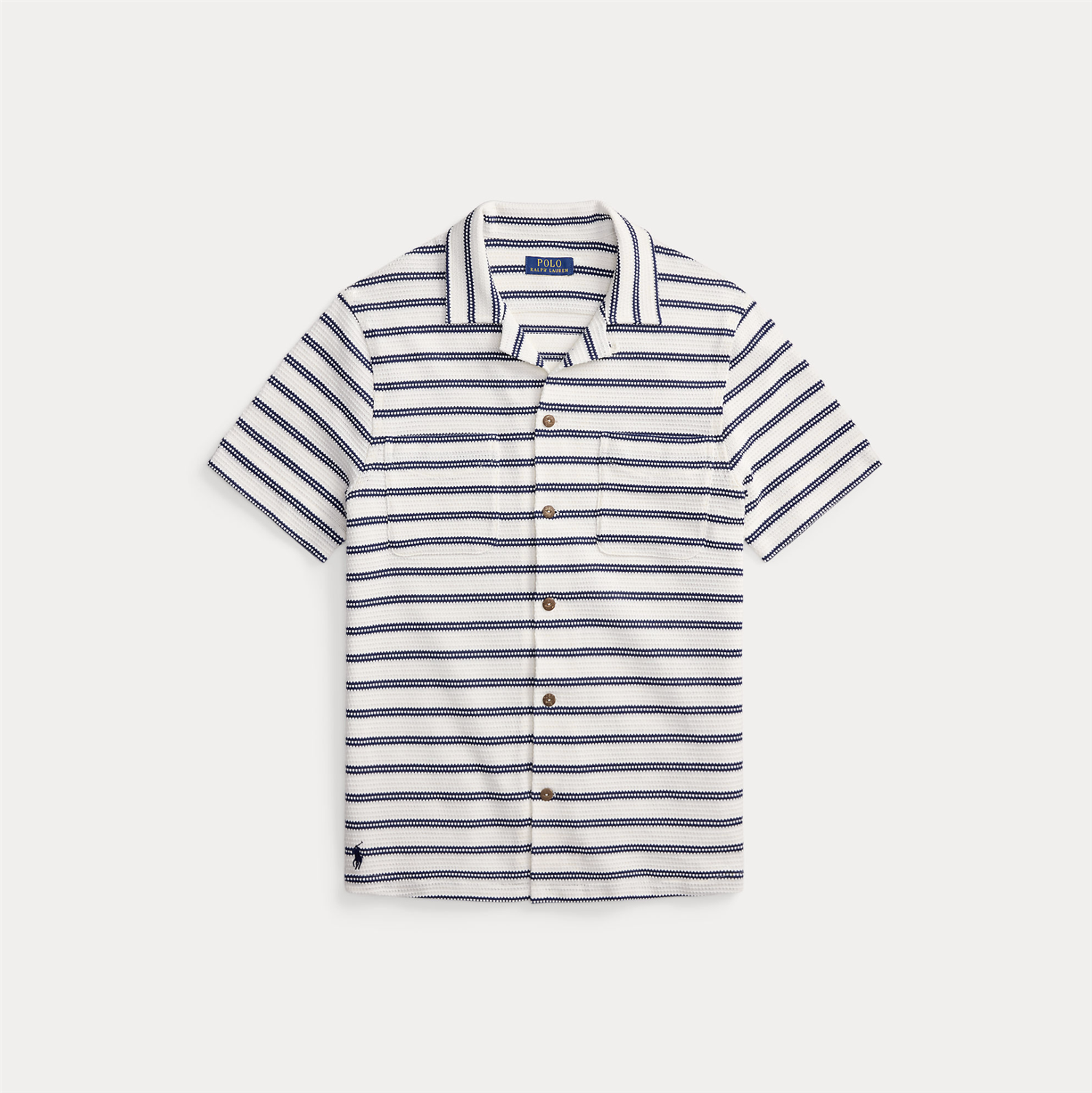 Pique - Striped Pointelle-ribbed Camp Shirt Pale Cream / Newport Navy