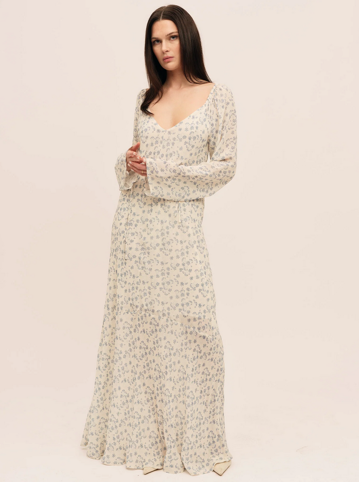 Kjole - Sunset LS Dress Cream Blue Flower