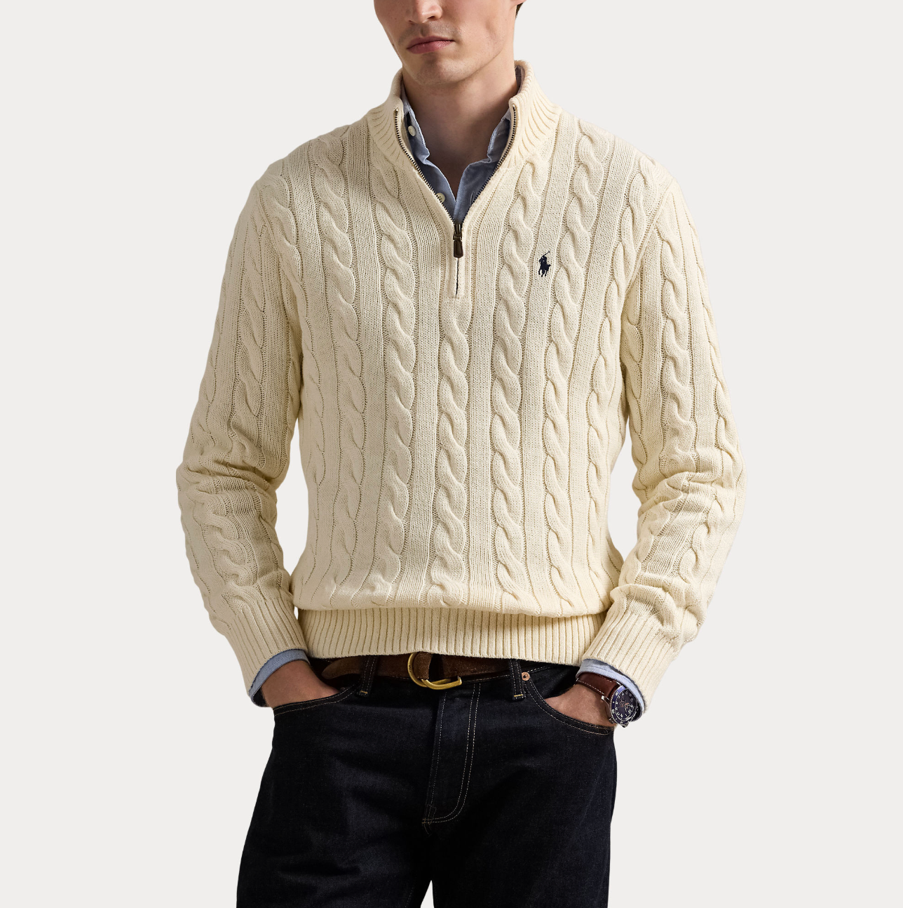 Genser - Cable Knit Cotton Quarter Zip Sweater Andover Cream