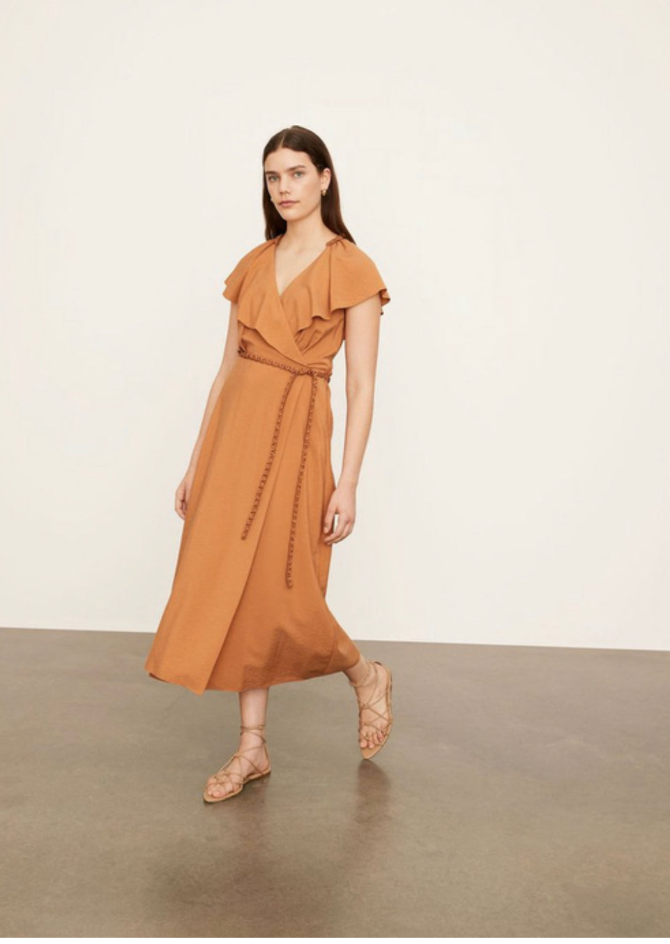Braid Trim Flutter Sleeve Wrap Dress Copper