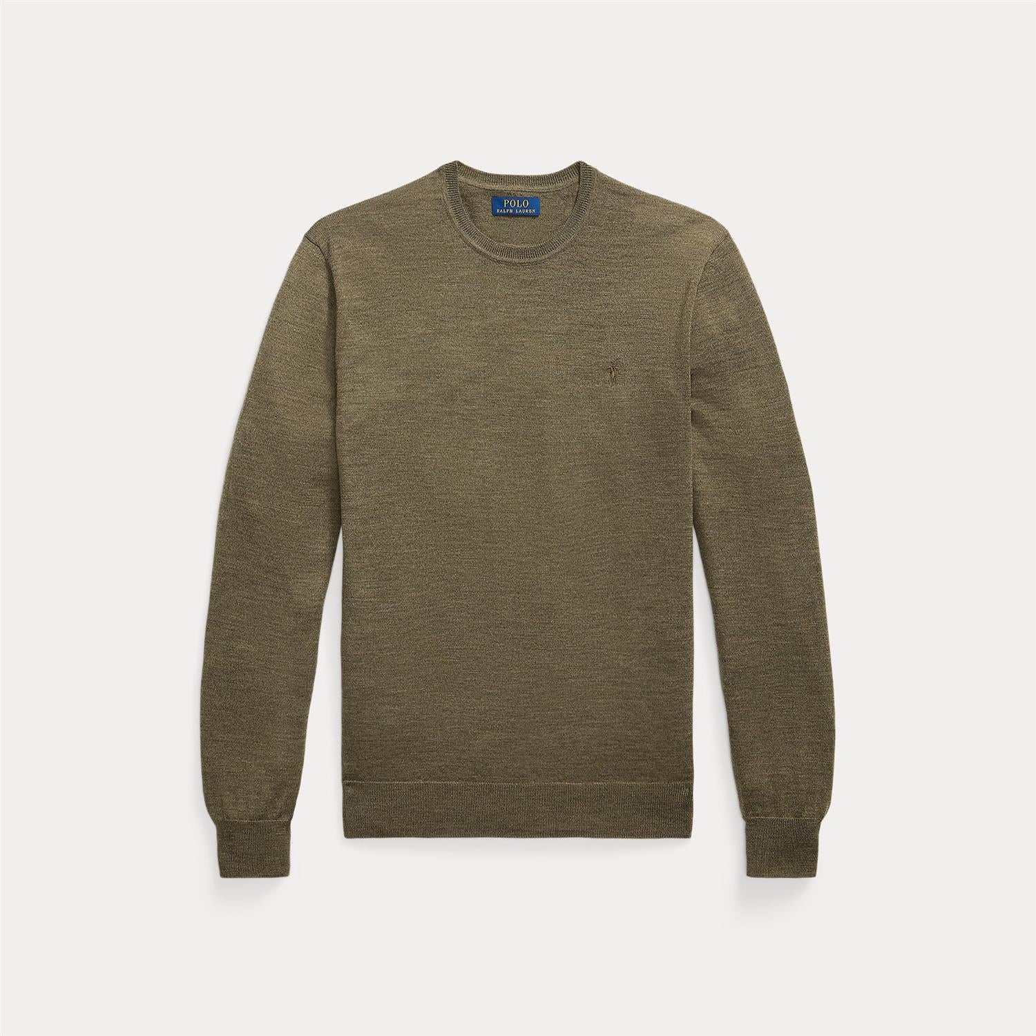 Genser - Slim Fit Washable Wool Crewneck Sweater Cargo Olive Heather