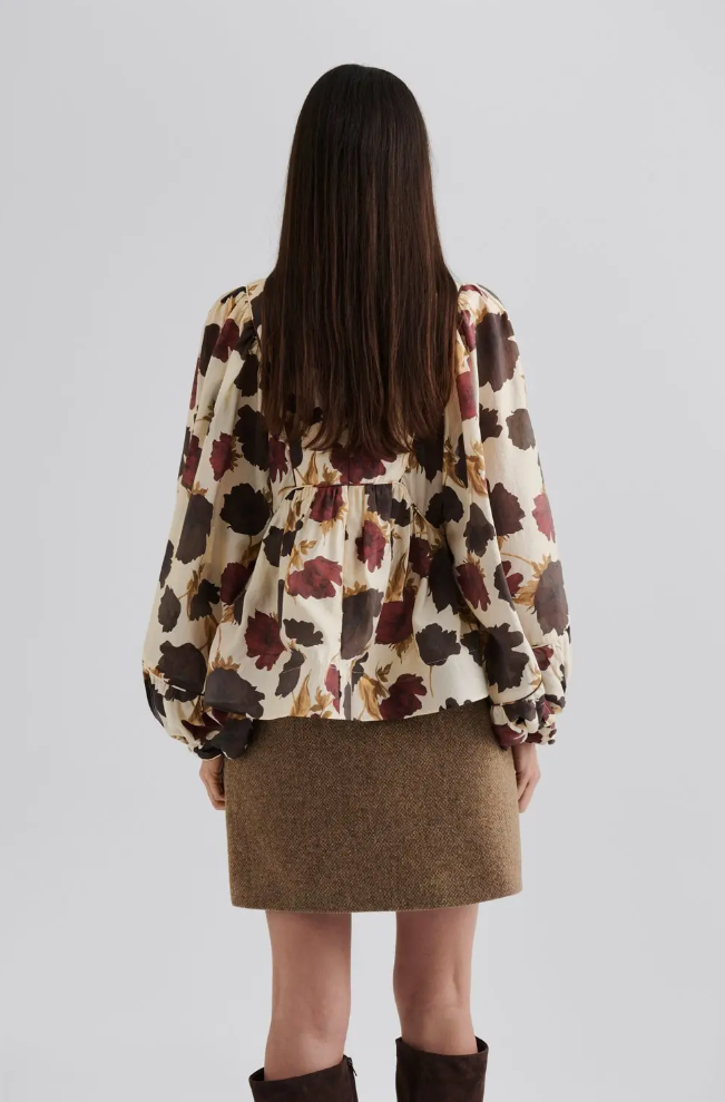 Bluse - Pernilla High Neck Ballon Sleeve Blouse Wine Peony