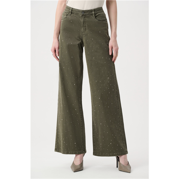 Jeans - Featherweav  Denim Wide Leg Jeans With Rhinestones Avokado