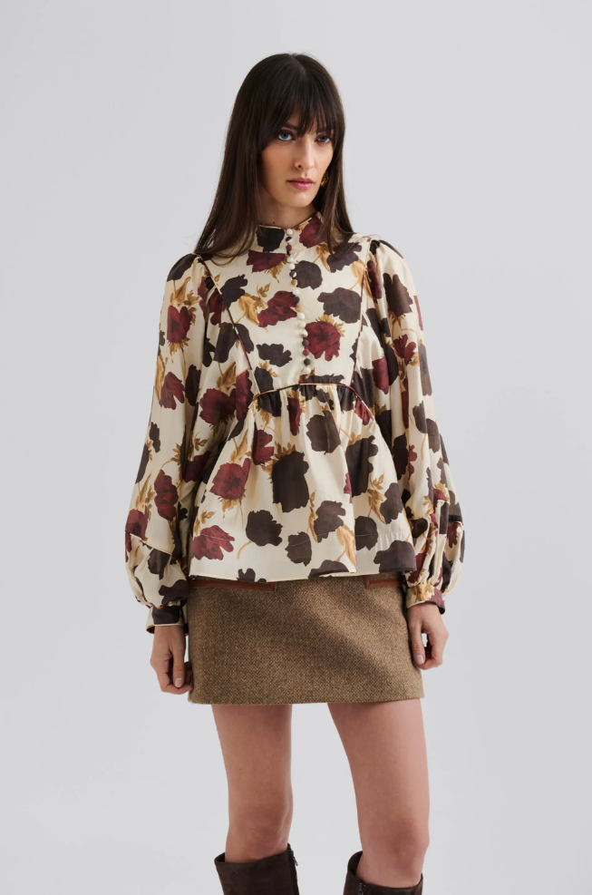 Bluse - Pernilla High Neck Ballon Sleeve Blouse Wine Peony