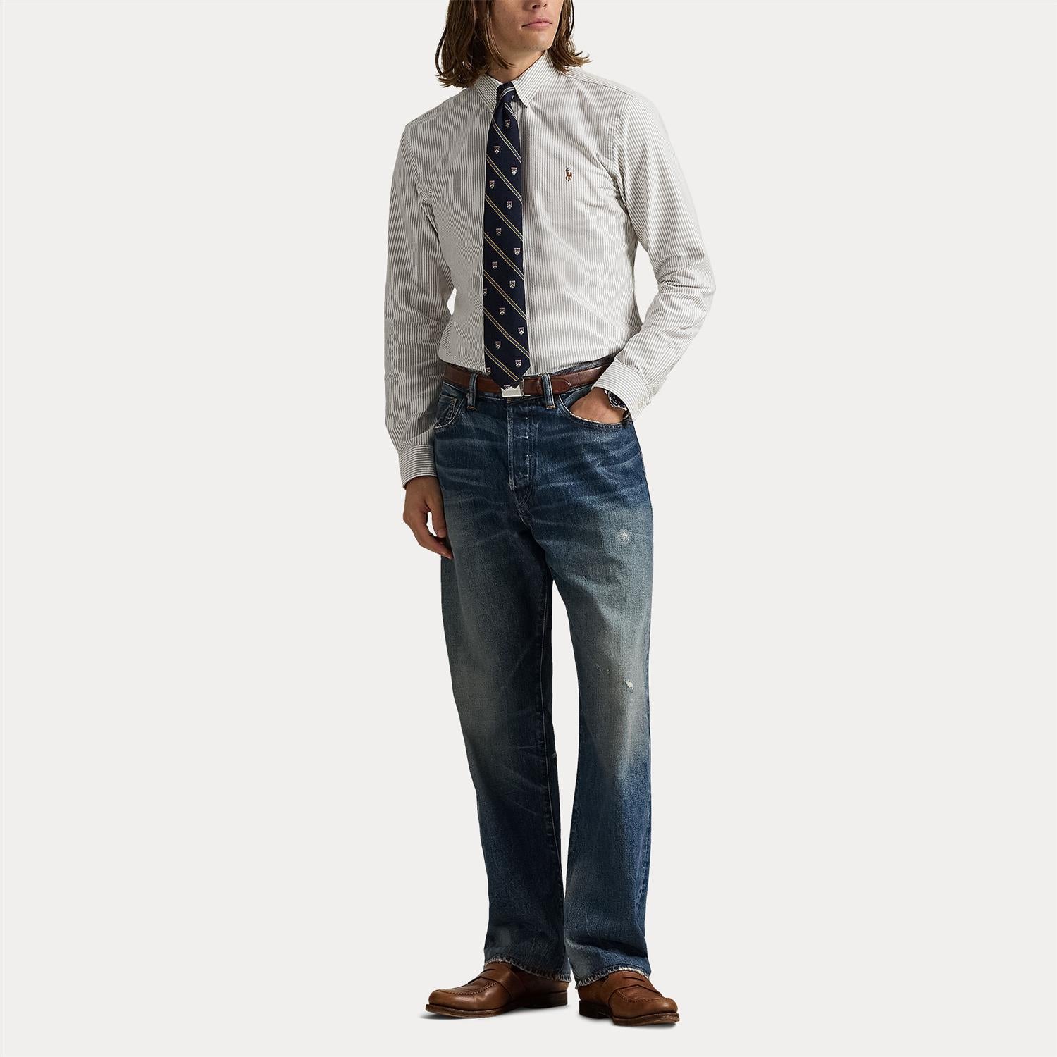 Skjorte - Slim Fit Striped Oxford Shirt Pale Russet / White