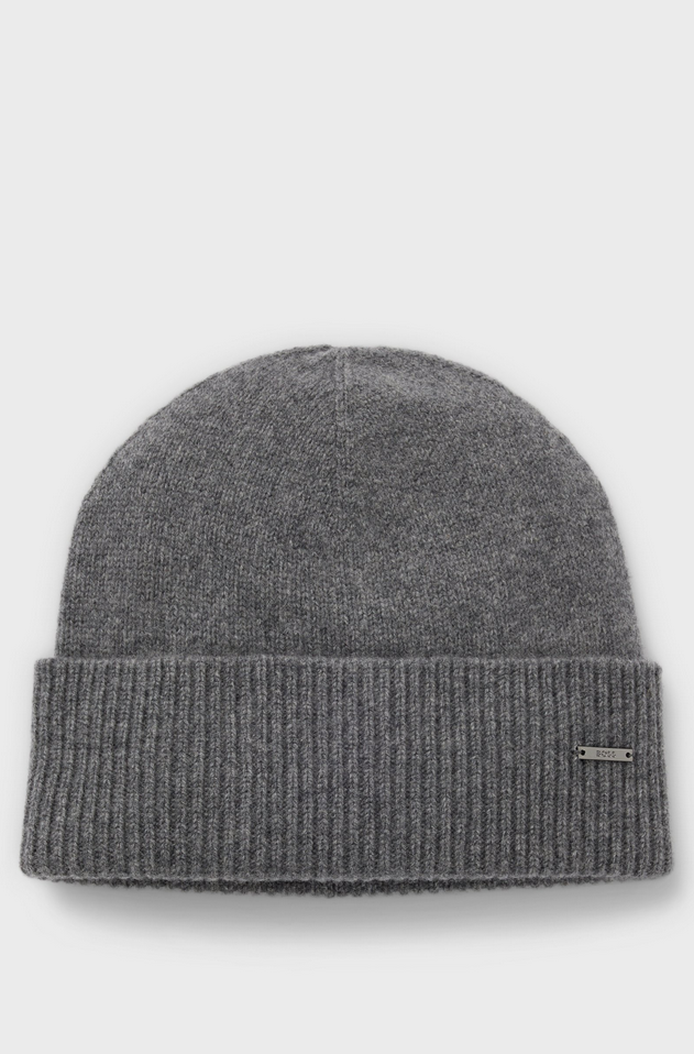 Lue - Cashmere Beanie Hat Logo Plaque Medium Grey