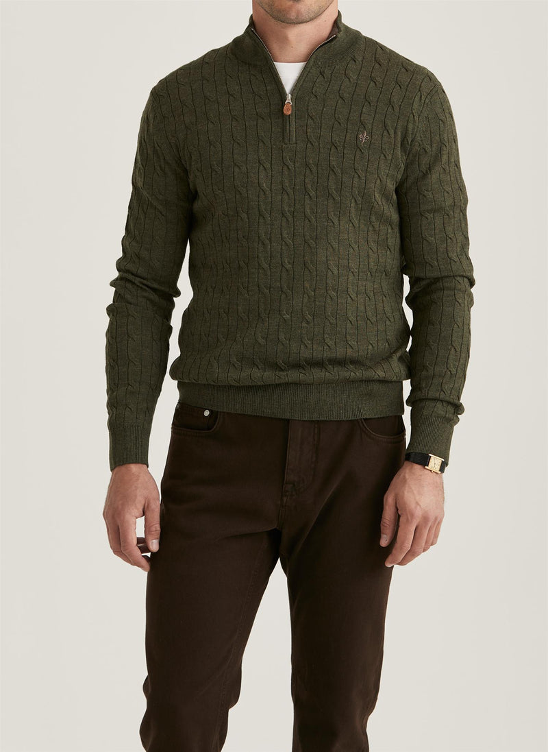 Genser - Merino Cable John Zip Olive